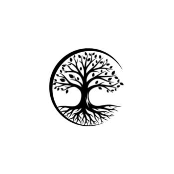 Stylized silhouette of an intricate tree of life with prominent roots and detailed foliage enclosed within a partial circular border vector