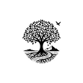 Majestic silhouette of an ancient tree of life with expansive visible roots nestled between stylized mountains and water featuring two soaring birds vector