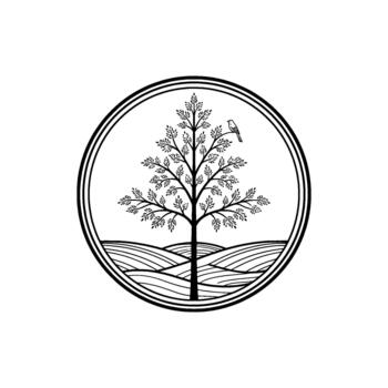 A minimalist line art illustration of a stylized deciduous tree with intricate leaf details and a small perched bird within a circular frame featuring rolling hills and a double border vector