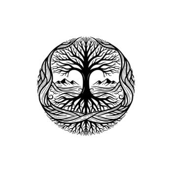 Intricate linework illustration of a Yggdrasil style tree of life within a circular emblem featuring stylized mountains and water vector