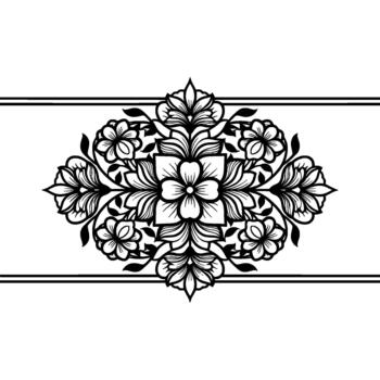 Intricate floral mandala with symmetrical petal patterns and decorative leaf elements centered within horizontal framing lines vector