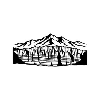 A stark illustration of majestic snow capped mountains above a deep glacier with distinct crevasses and ice formations depicted in a simplified style vector