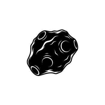 A stylized monochrome silhouette of an irregular shaped asteroid with multiple craters and abstract wavy lines representing surface texture isolated vector