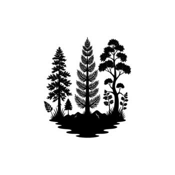 A striking silhouette of a diverse evergreen forest with varying tree shapes and textures vector