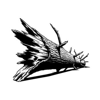 A highly detailed wood carving illustration of a broken tree trunk with sharp splintered edges and protruding twigs vector