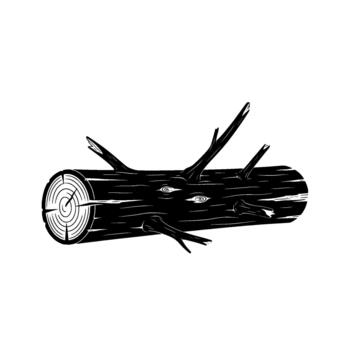 A detailed linocut style illustration of a rough cut tree trunk with numerous broken branches and visible growth rings vector