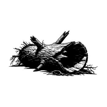 Intricate linocut illustration of a hollowed out fallen tree trunk with exposed roots and splintered branches vector