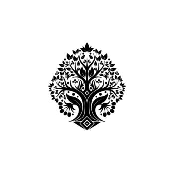 Ornate silhouette of a stylized decorative tree with intricate leaf patterns and symmetrical floral elements vector