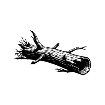 A stark linocut style illustration of a detailed hollowed out dead tree log with rough bark and broken branches lying horizontally vector