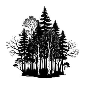 A striking silhouette illustration of a dense forest composed of diverse trees including pine birch and deciduous species creating a natural woodland scene with intricate branch details agains vector