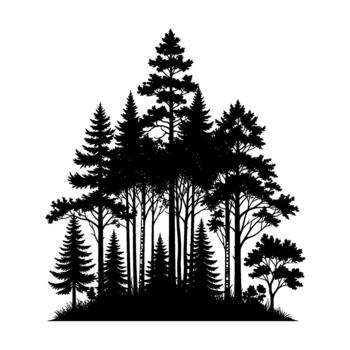 A dense silhouette of a mixed evergreen and deciduous forest grove with varied tree shapes and textures vector