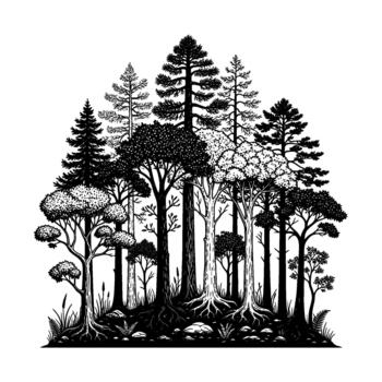 A detailed pen and ink illustration of a diverse forest landscape featuring various deciduous and coniferous trees with exposed root systems vector