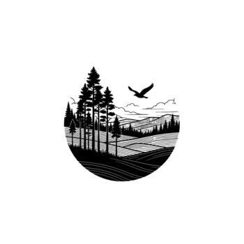Minimalist linocut style illustration of a serene landscape scene featuring a silhouette of pine trees a soaring bird and rolling hills with abstract line art details vector