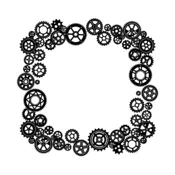 un decorativo frontera marco construido desde un variedad de intrincadamente diseñado engranajes y ruedas dentadas vector