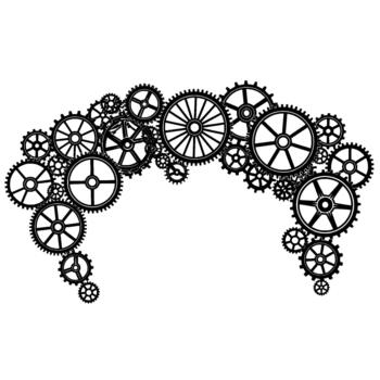 A striking illustration featuring a dense cluster of interconnected mechanical gears forming an arched pattern vector