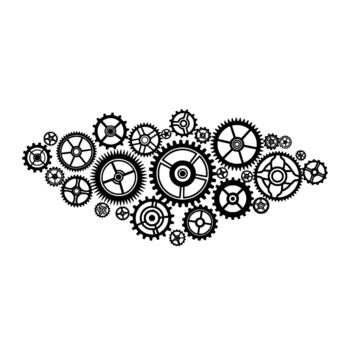 A detailed illustration of a collection of interconnected gears and cogs arranged in a dynamic pattern vector