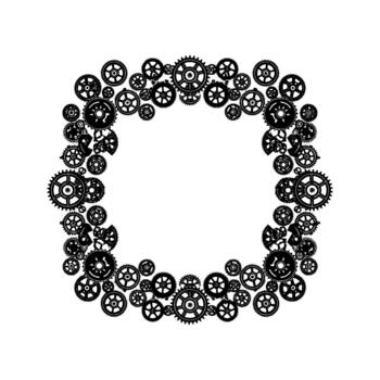 Intricate silhouette of a square frame constructed entirely from a variety of interconnected gears and cogs vector