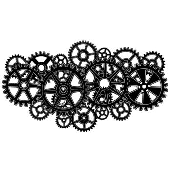 Intricate interlocking gears of various sizes and designs creating a complex mechanical arrangement vector
