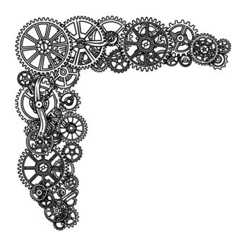 Intricate line art illustration of a complex mechanical gear system forming a decorative corner element vector