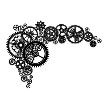 A complex interconnected arrangement of mechanical gears and cogs creating a dynamic abstract pattern vector