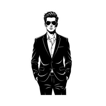 Striking illustration of a confident man wearing a sharp suit and aviator sunglasses with hands in pockets standing vector