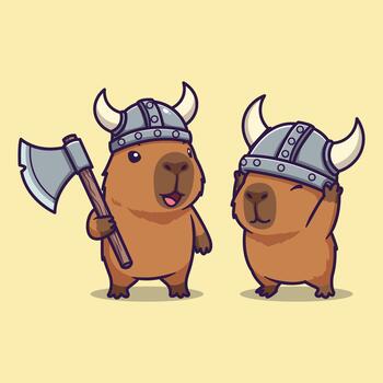 Cute Illustration of Two Playful Capybaras Dressed as Vikings with Helmets and Axe on Yellow Background vector