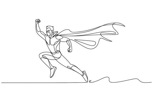 Dynamic line art sketch of a heroic superhero in mid flight with a flowing cape and determined pose vector