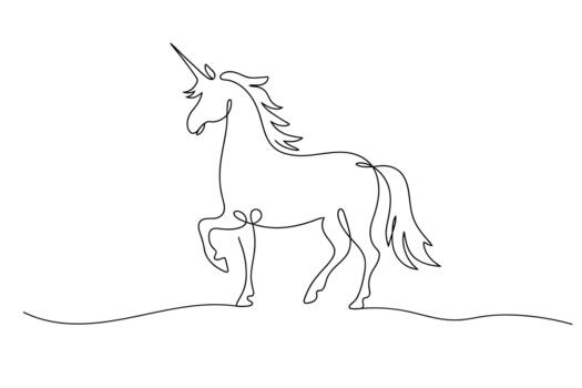 Elegant single line drawing of a majestic unicorn with a flowing mane and tail standing on a simple ground line vector