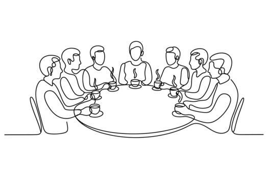 Continuous line drawing of a diverse group of people sitting around a round table enjoying a casual gathering and conversation vector