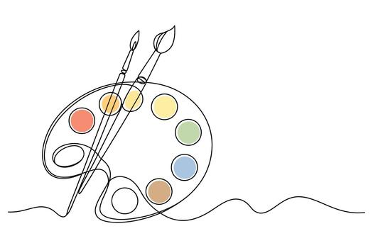 Minimalist continuous line drawing of an artist s paint palette with colorful dots and two brushes on a white background vector