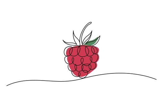 Simple line drawing of a single ripe red raspberry with green leaves on a white background vector