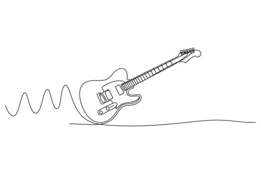 Continuous line drawing of an electric guitar with sound waves emanating from it on a white background vector