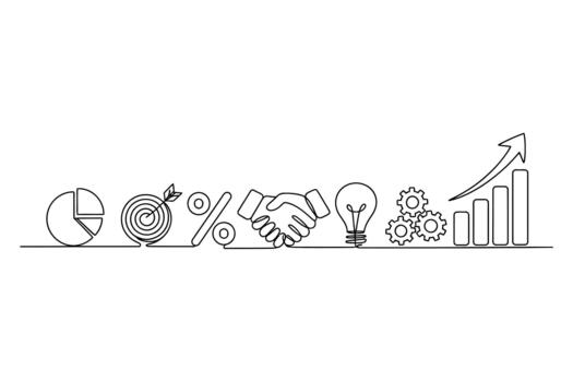 Continuous line drawing of business growth icons including pie chart target handshake lightbulb gears and bar graph with rising arrow vector