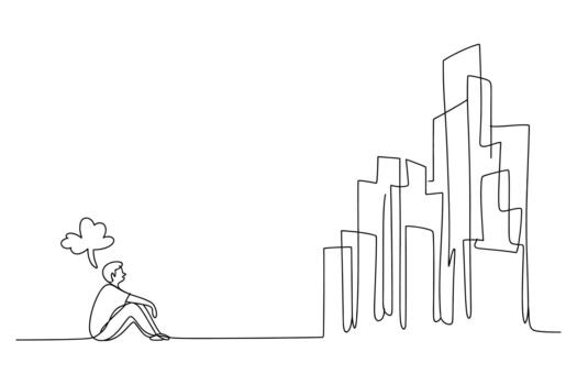 un solitario persona sentado en un línea contemplando un imponente resumen paisaje urbano de alto edificios dibujado en un minimalista bosquejo estilo vector