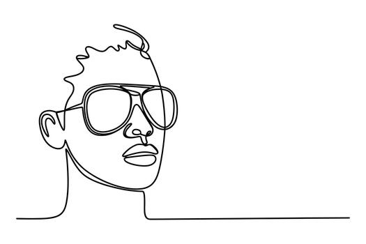 moderno minimalista continuo línea dibujo de un elegante persona vistiendo grande aviador Gafas de sol mirando a el lado con un blanco antecedentes vector