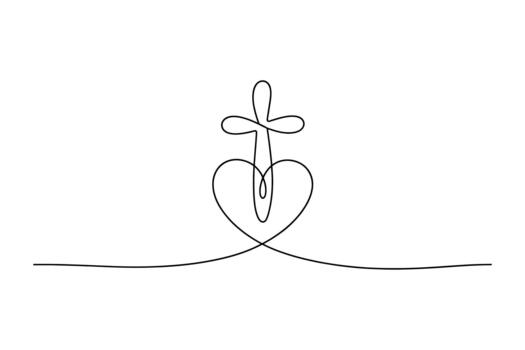 Elegant continuous line drawing of a christian cross intertwined with a heart and an infinity symbol representing eternal love and faith vector