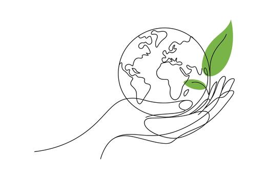 Continuous line drawing of a hand gently cradling the earth with a vibrant green sprout emerging from the planet symbolizing growth and environmental protection vector