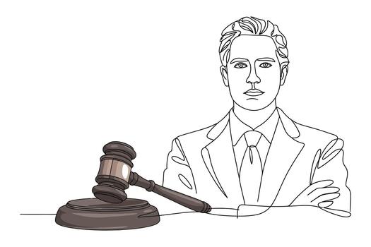 A serious judge in a suit stands with arms crossed next to a gavel on a desk in a courtroom sketch vector