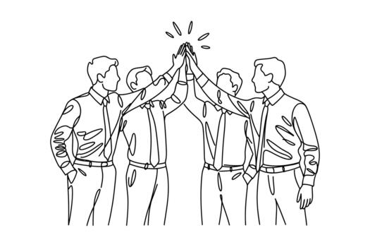 Sketchy illustration of a diverse team of professionals celebrating a successful achievement with a high five gesture of unity and collaboration vector