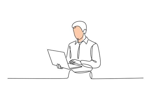 Minimalist continuous line drawing of a man standing and working on a laptop computer with a white background vector