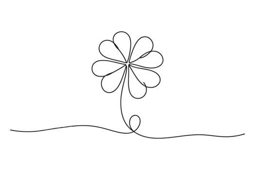 Minimalist single line drawing of a daisy flower with a looping stem and wavy ground line in black ink on white background vector