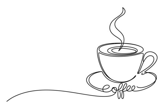 Minimalist continuous line drawing of a steaming cup of coffee on a saucer with the word coffee written in script below vector