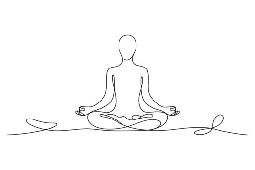 Minimalist single line drawing of a person meditating in a lotus pose with abstract flowing lines vector