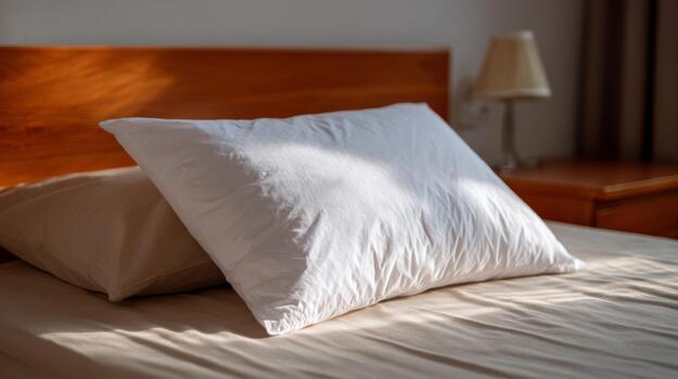 A serene bedroom scene featuring a fluffy white pillow resting on a neatly made bed, illuminated by soft morning light. photo