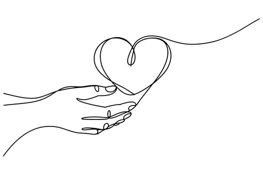 Elegant single line drawing captures a hand gently offering a heart shape formed by continuous flowing line vector