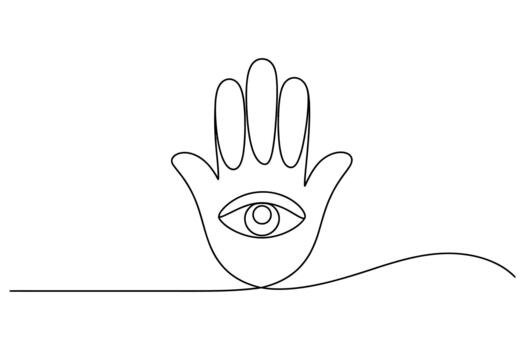 Minimalist single line drawing of a hamsa hand with an all seeing eye symbol centered vector