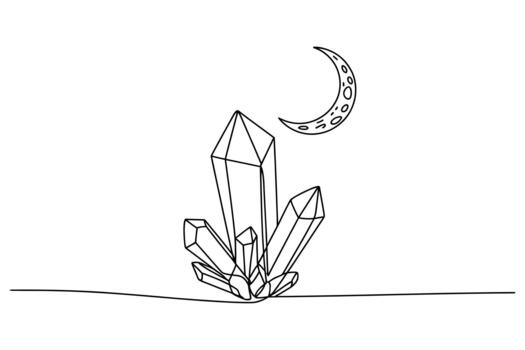 Mystical crescent moon rests above a cluster of geometric crystals in a minimalist line art drawing vector