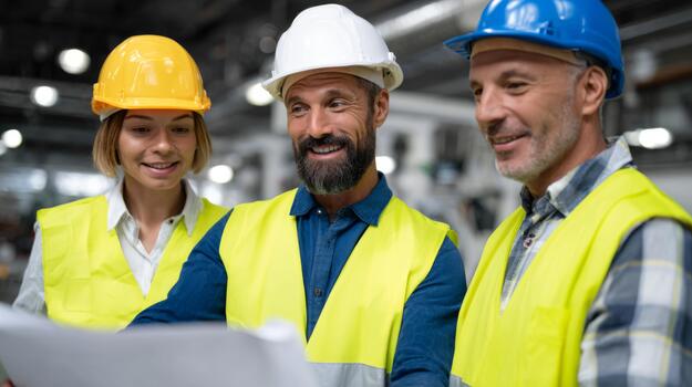 Three construction workers, two men and a woman, discuss blueprints in a well-lit industrial setting. photo