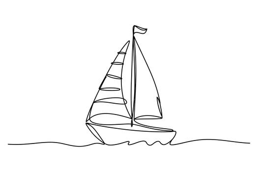Minimalist single line drawing of a sailboat navigating gentle waves under a clear sky vector
