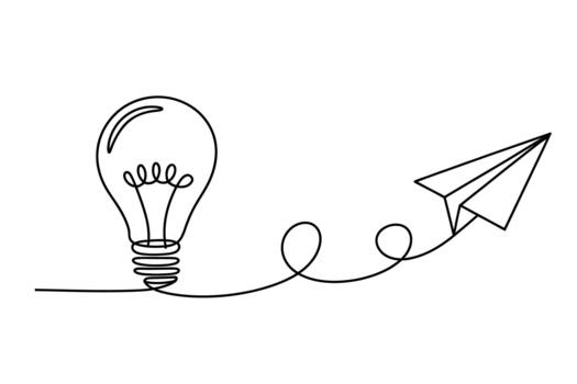 Single line drawing of a lightbulb connected to a paper airplane symbolizing innovation and ideas taking flight vector